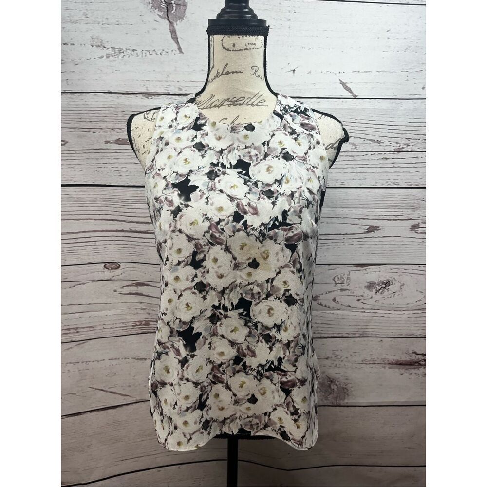 Sheer Floral Sleeveless Mock‎ Neck Top Women White Black Flower Print Blouse